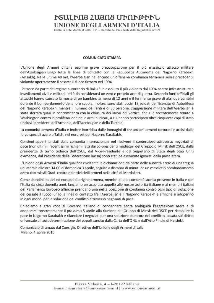 Comunicato Stampa - Unione degli Armeni d'Italia