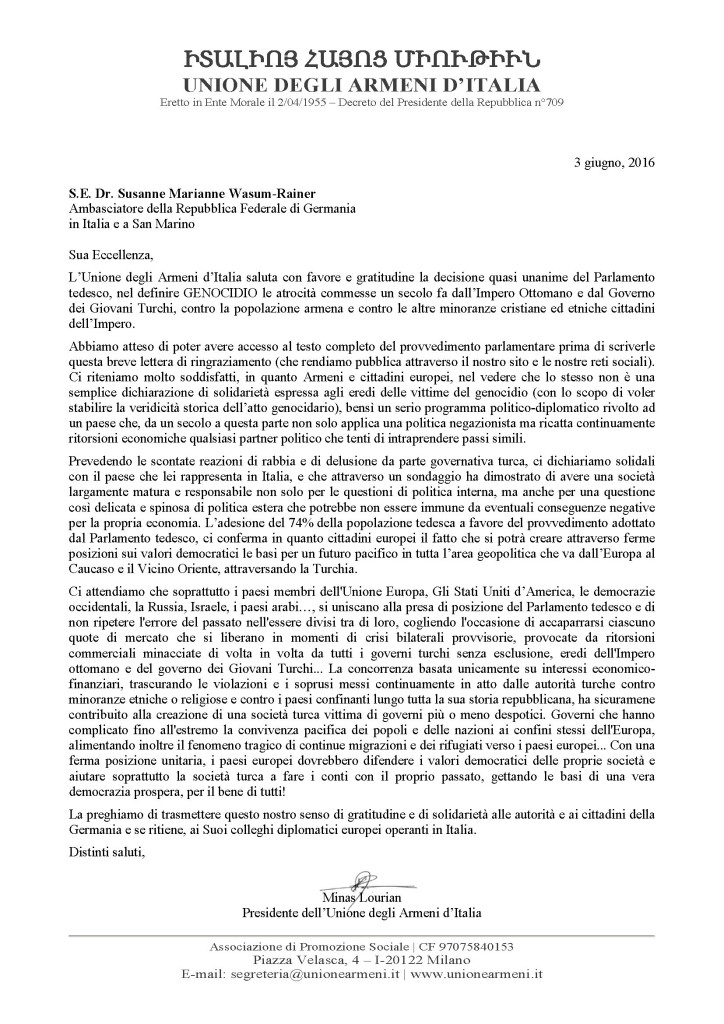 Lettera a S.E. Ambasciatore della Germania - 03.06.2016